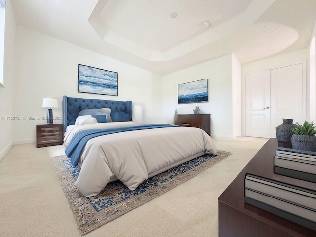 bedroom with baseboards, a raised ceiling, and carpet flooring