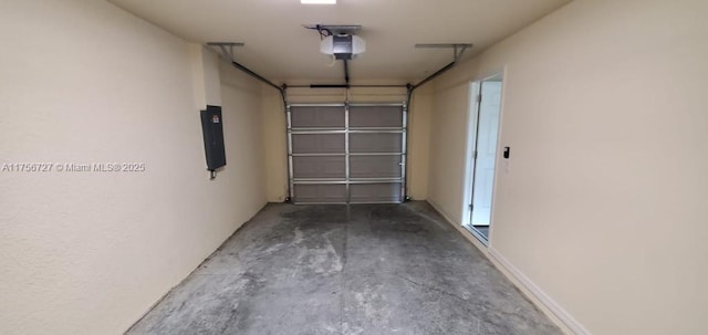 garage with electric panel and a garage door opener