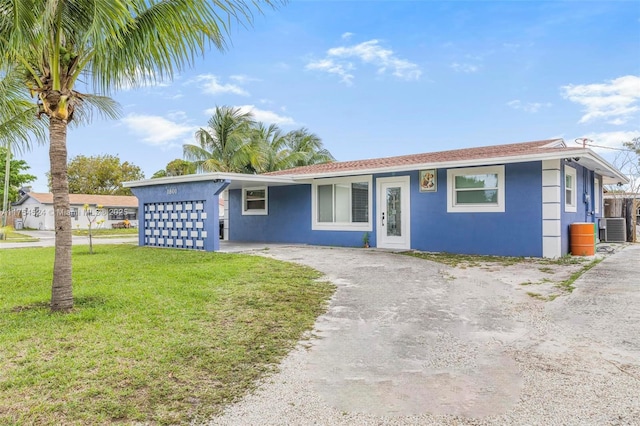 ranch-style home featuring a garage, stucco siding, a front yard, and central air condition unit