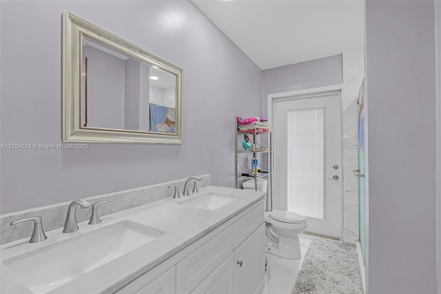 bathroom with toilet, a shower with curtain, double vanity, and a sink