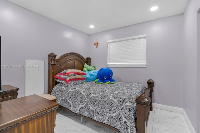 bedroom featuring marble finish floor, baseboards, and recessed lighting