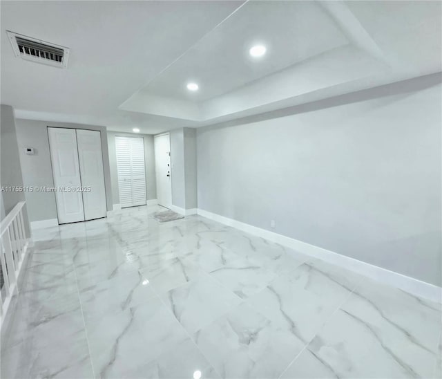 bedroom with baseboards, visible vents, marble finish floor, a closet, and recessed lighting