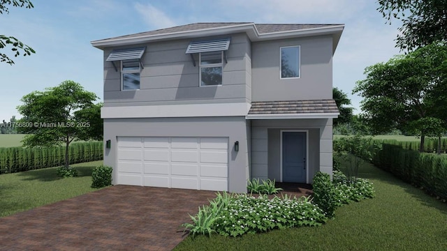 view of front facade with a front lawn, decorative driveway, an attached garage, and stucco siding