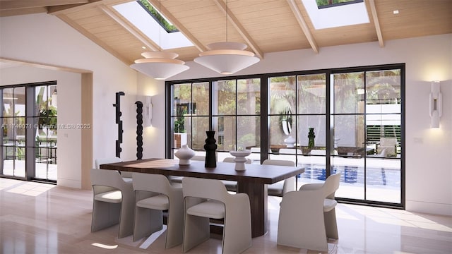 dining space featuring a wealth of natural light, vaulted ceiling with skylight, and wooden ceiling