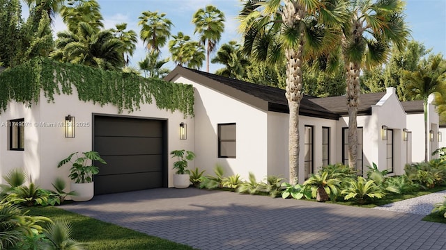 view of side of property with a garage, decorative driveway, and stucco siding