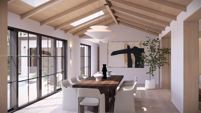 dining area with wooden ceiling, vaulted ceiling with skylight, and light wood finished floors