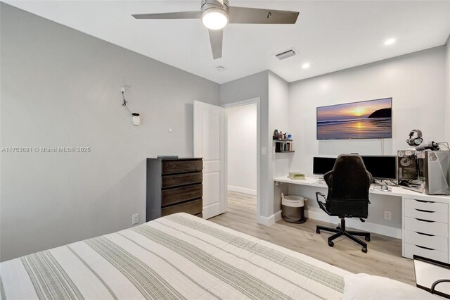 9705 SW 57th St, Cooper City, FL 33328 - bedroom featuring a ceiling fan, visible vents, baseboards, recessed lighting, and light wood-style flooring