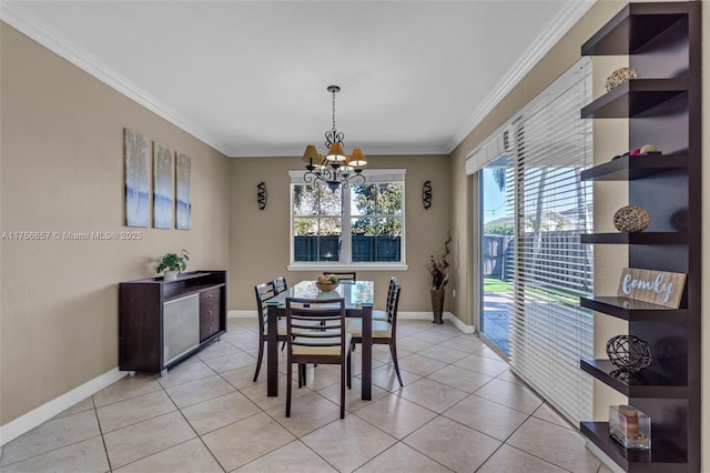 dining room featuring light tile patterned floors, baseboards, an inviting chandelier, and ornamental molding