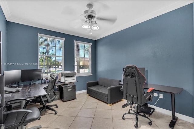 tiled home office featuring crown molding, baseboards, and ceiling fan