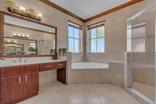 bathroom featuring a garden tub, tile patterned flooring, a shower stall, crown molding, and vanity