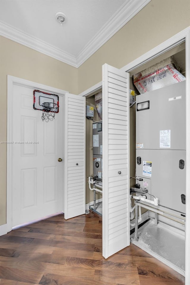 interior space featuring dark wood-style flooring and crown molding