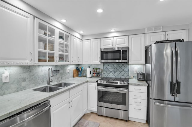 kitchen featuring stainless steel appliances, visible vents, a sink, and white cabinetry