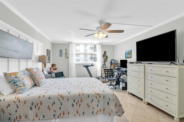 bedroom featuring ornamental molding, ceiling fan, and light tile patterned floors