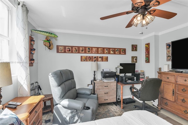 office space featuring ornamental molding and a ceiling fan