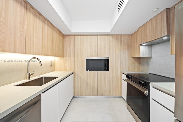 kitchen with stainless steel appliances, modern cabinets, a sink, and light countertops