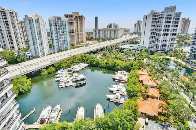birds eye view of property with a water view and a view of city