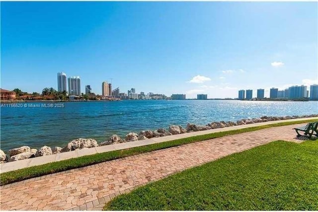 view of water feature with a city view