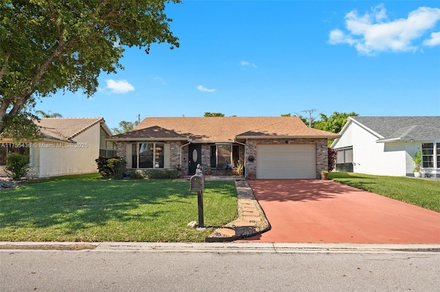 ranch-style home featuring concrete driveway, a front lawn, an attached garage, and brick siding