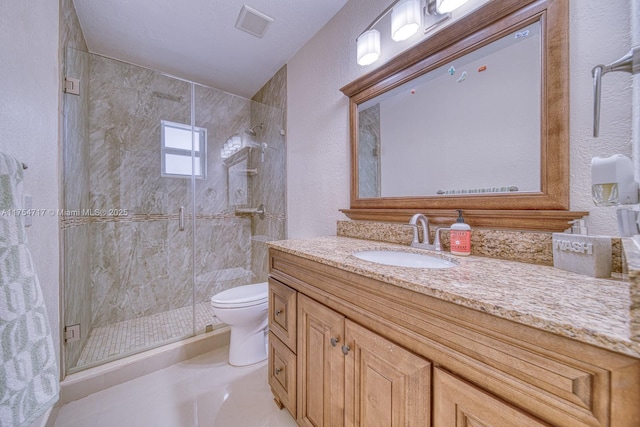 full bathroom with visible vents, a textured wall, toilet, a stall shower, and vanity