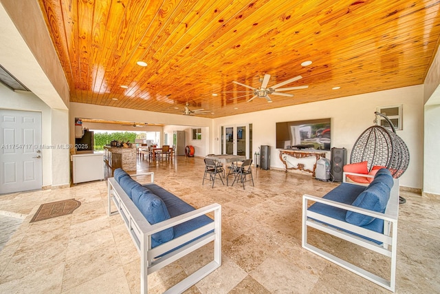 living room with wooden ceiling, a ceiling fan, and recessed lighting