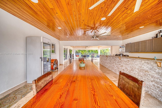 dining space featuring recessed lighting, wooden ceiling, and ceiling fan