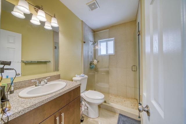 full bathroom featuring toilet, a shower stall, visible vents, and vanity