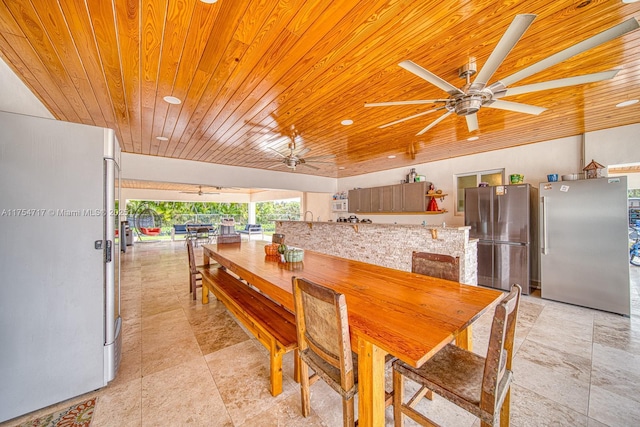 dining space with ceiling fan and wood ceiling