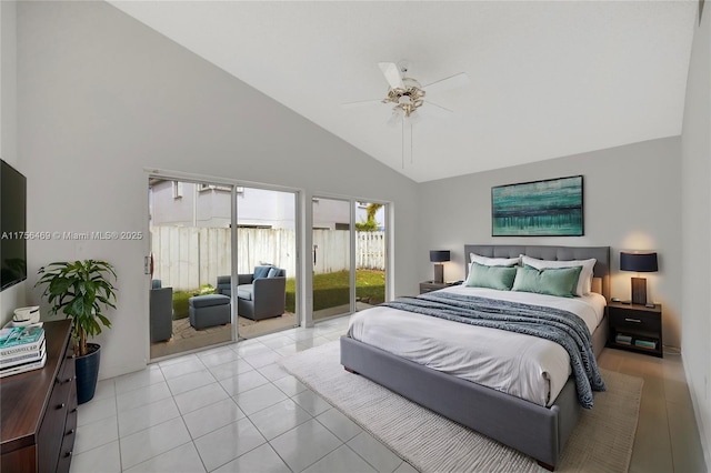 bedroom with high vaulted ceiling, a ceiling fan, access to exterior, and light tile patterned floors