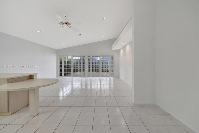 unfurnished room featuring light tile patterned floors, vaulted ceiling, a ceiling fan, and recessed lighting