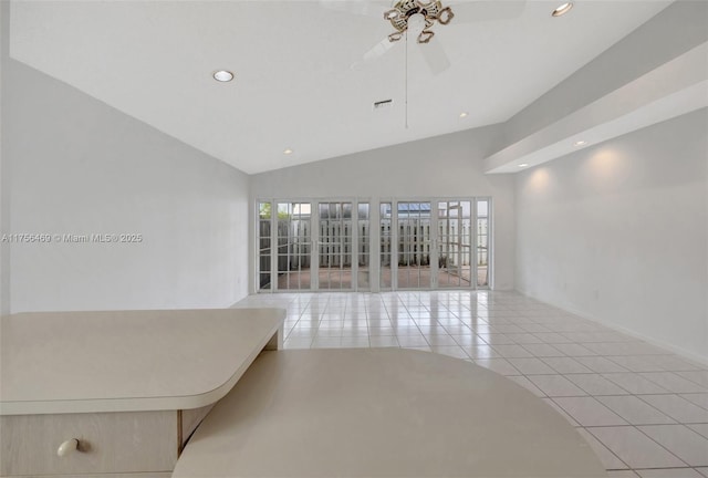 tiled spare room featuring visible vents, baseboards, ceiling fan, vaulted ceiling, and recessed lighting