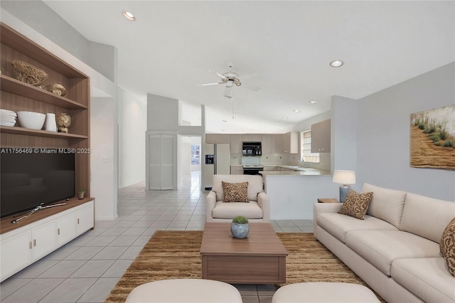 living area featuring light tile patterned floors, ceiling fan, recessed lighting, and built in features