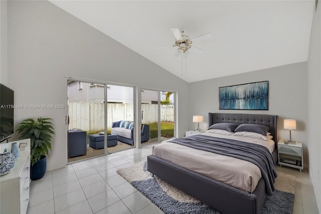 bedroom with ceiling fan, high vaulted ceiling, and tile patterned floors