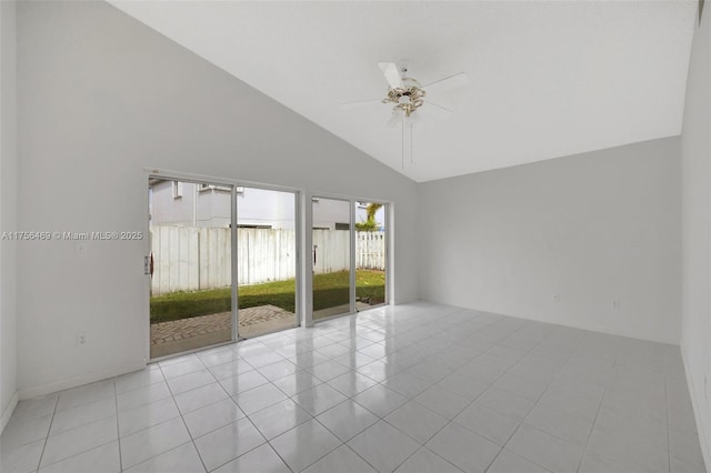 spare room featuring high vaulted ceiling, ceiling fan, and tile patterned floors