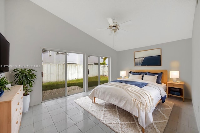 bedroom featuring access to exterior, tile patterned flooring, high vaulted ceiling, and a ceiling fan