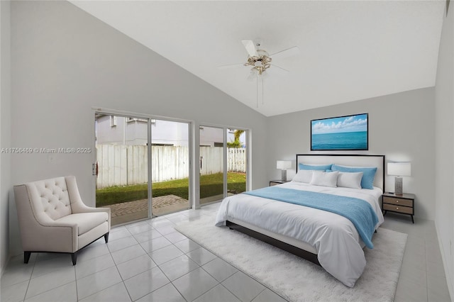 bedroom with light tile patterned floors, high vaulted ceiling, access to outside, and ceiling fan