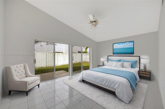 9820 SW 154th Pl, Miami, FL 33196 - bedroom with light tile patterned floors, high vaulted ceiling, access to exterior, and a ceiling fan