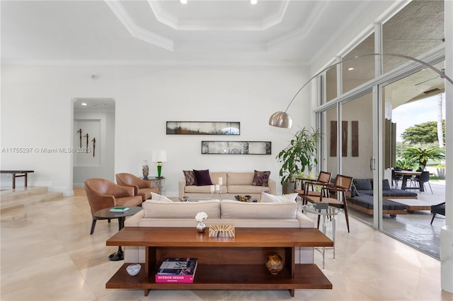 living room with ornamental molding, a raised ceiling, and a towering ceiling