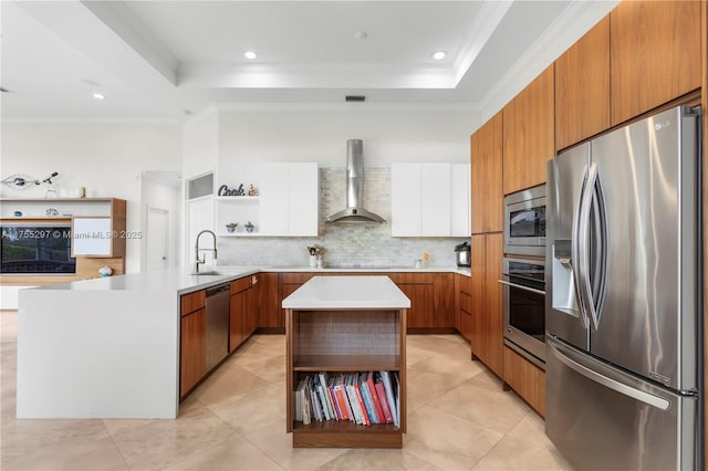 kitchen featuring open shelves, a raised ceiling, appliances with stainless steel finishes, a sink, and wall chimney exhaust hood