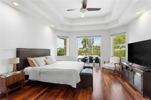 bedroom featuring access to outside, wood-type flooring, a raised ceiling, and multiple windows