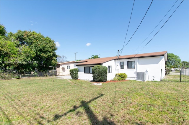 rear view of house featuring a fenced backyard, a lawn, and stucco siding