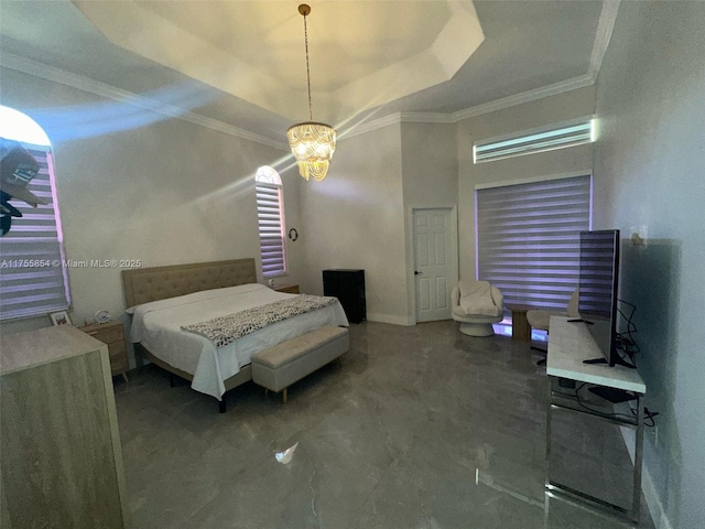 bedroom with a towering ceiling, baseboards, marble finish floor, a raised ceiling, and crown molding