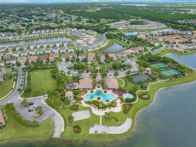 aerial view with a water view and a residential view