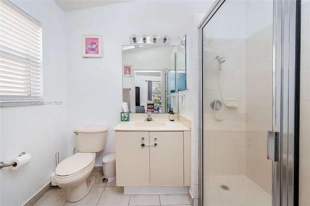 full bathroom with toilet, a stall shower, tile patterned flooring, and vanity