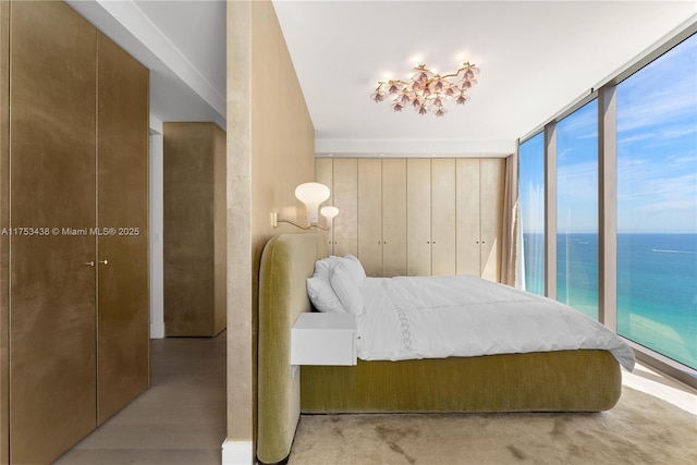 bedroom featuring expansive windows, a water view, and wood finished floors