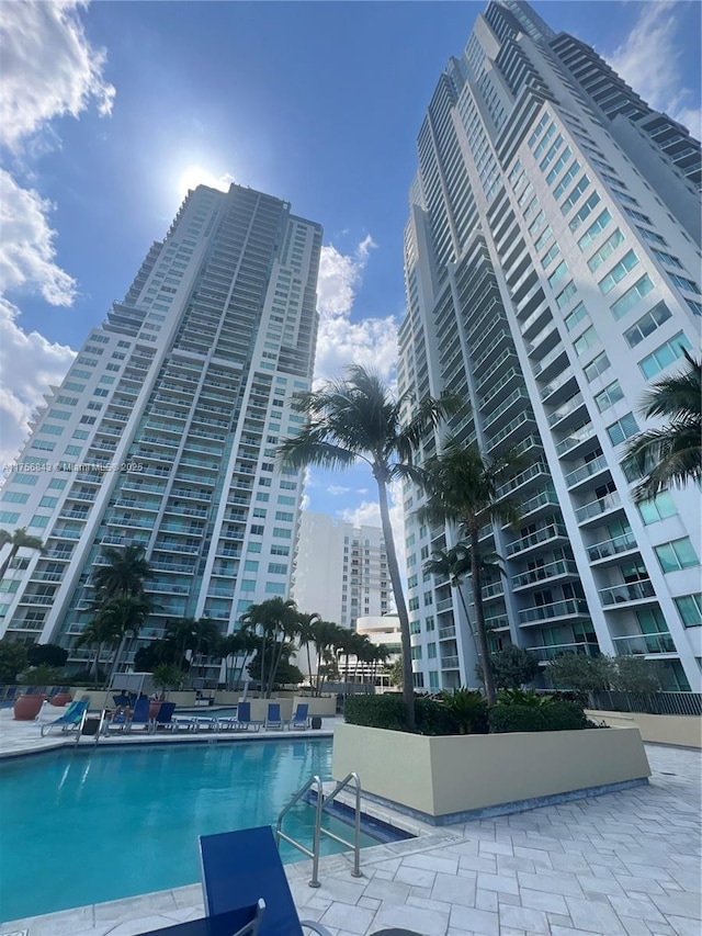 community pool featuring a patio and a view of city