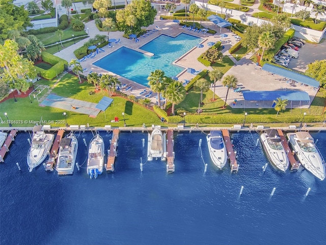 drone / aerial view with a water view