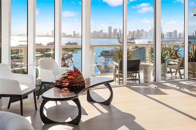 sunroom / solarium with a view of city