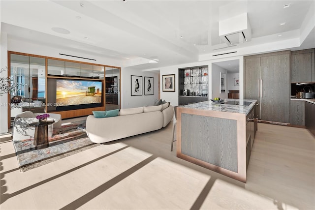 living room featuring a tray ceiling, light wood-type flooring, and recessed lighting