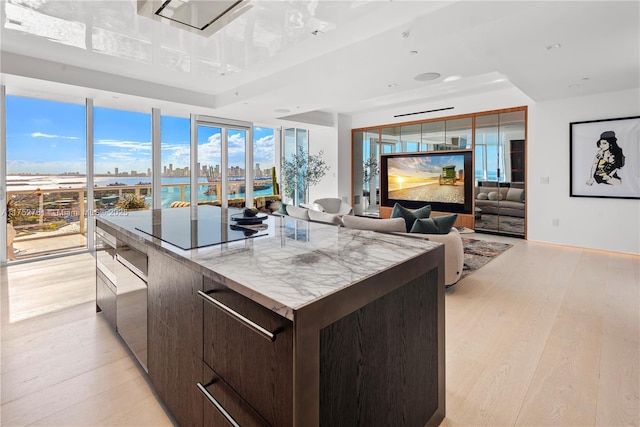 100 S Pointe Dr Unit 2803, Miami Beach, FL 33139 - kitchen featuring modern cabinets, dark brown cabinets, light wood finished floors, a center island, and plenty of natural light