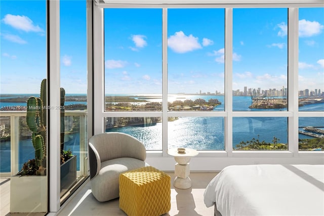 bedroom with a water view, a view of city, and wood finished floors